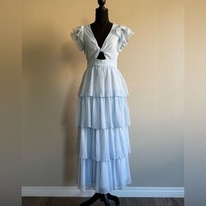 Romantic Tiered Blue Dress + Straw Hat Set | Cottagecore Summer Look